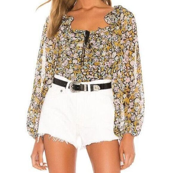 Free People OB1085105 Women's Sz XS Black Combo Floral Mabel Printed Blouse - Picture 5 of 6